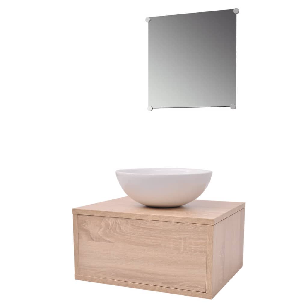 4-tlg. Badmöbel-Set mit Waschbecken und Wasserhahn Beige