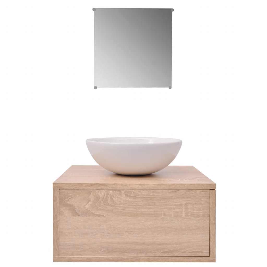 4-tlg. Badmöbel-Set mit Waschbecken und Wasserhahn Beige