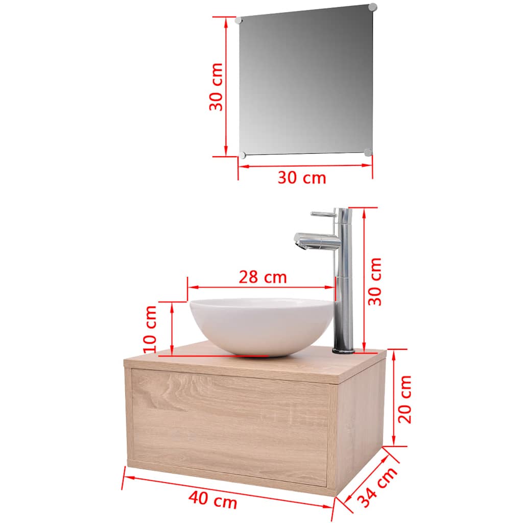 4-tlg. Badmöbel-Set mit Waschbecken und Wasserhahn Beige