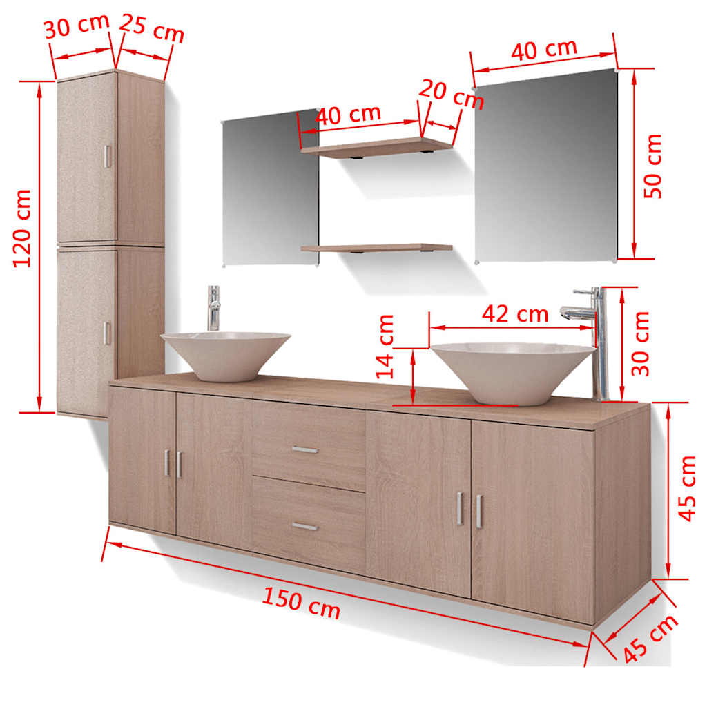 11-tlg. Badmöbel-Set mit Waschbecken und Wasserhahn Beige