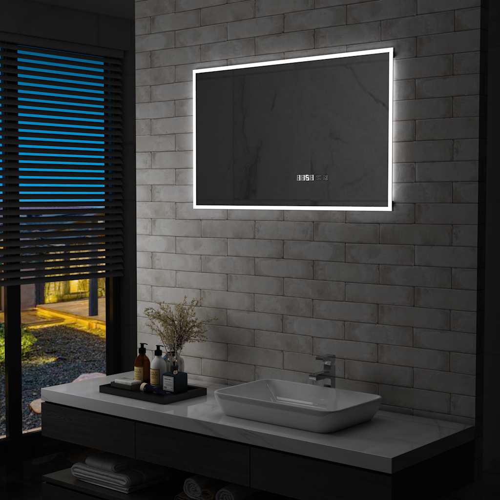 Miroir de salle de bain LED avec capteur tactile et affichage de l'heure 100x60 cm