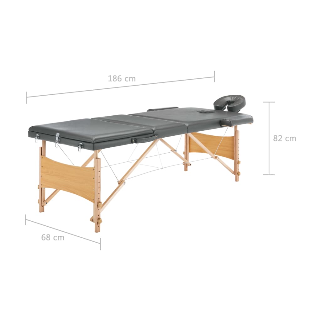 3-Zone Wooden Massage Table Anthracite 186x68 cm