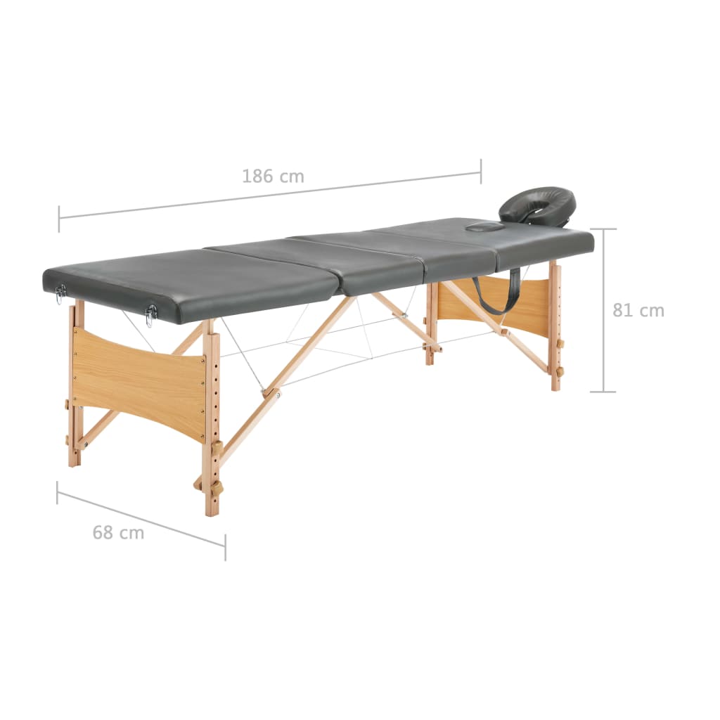 Table de massage 4 zones avec piètement en bois anthracite 186x68 cm