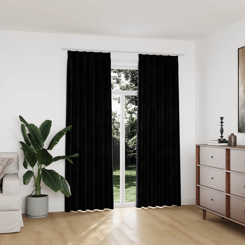Rideaux occultants à crochets 2 pcs Velours Noir 140x225 cm