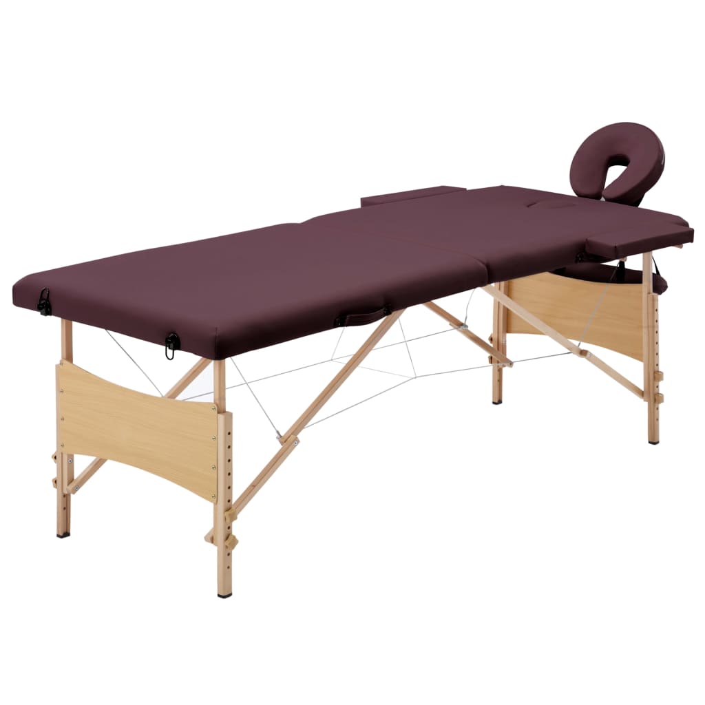 Table de massage pliante 2 zones avec piètement en bois bordeaux-lila