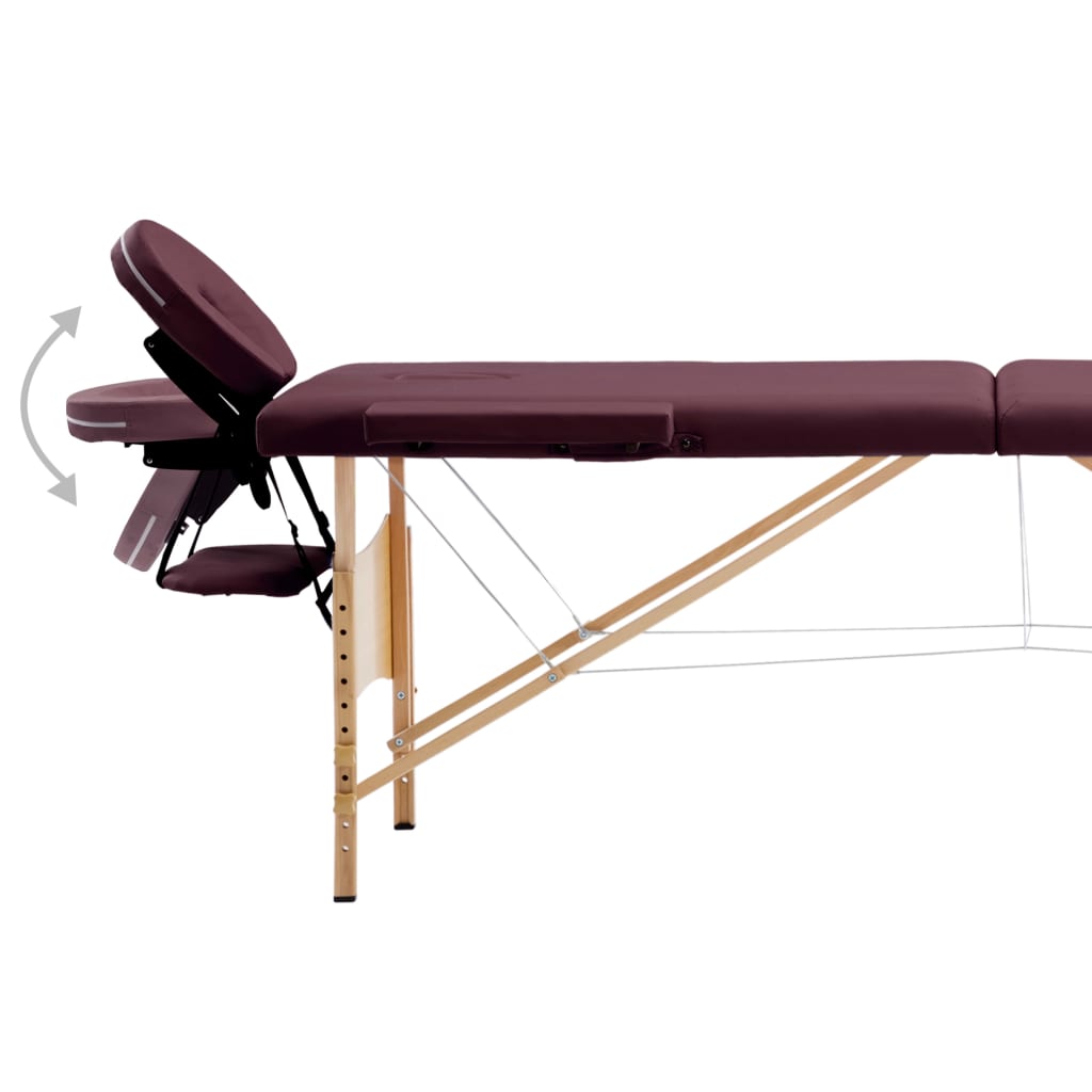Table de massage pliante 2 zones avec piètement en bois bordeaux-lila