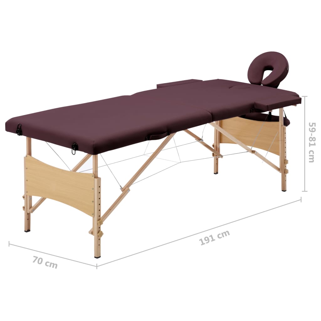Table de massage pliante 2 zones avec piètement en bois bordeaux-lila