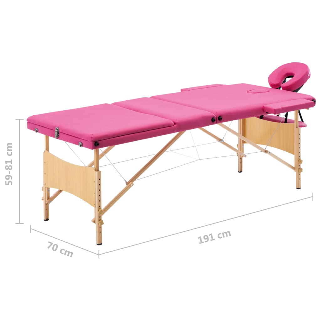 Table de massage pliante 3 zones avec cadre en bois rose