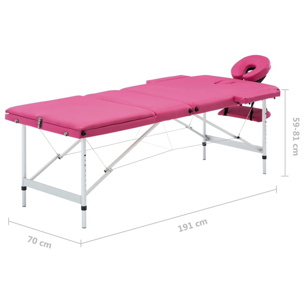 Table de massage pliante 3 zones avec cadre en aluminium rose