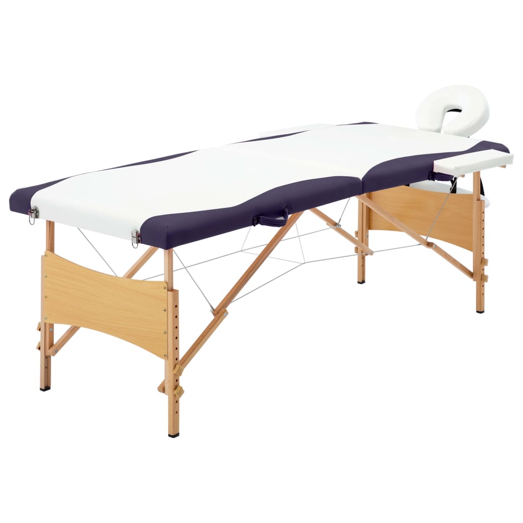 Table de massage pliable 2 zones avec cadre en bois blanc et violet