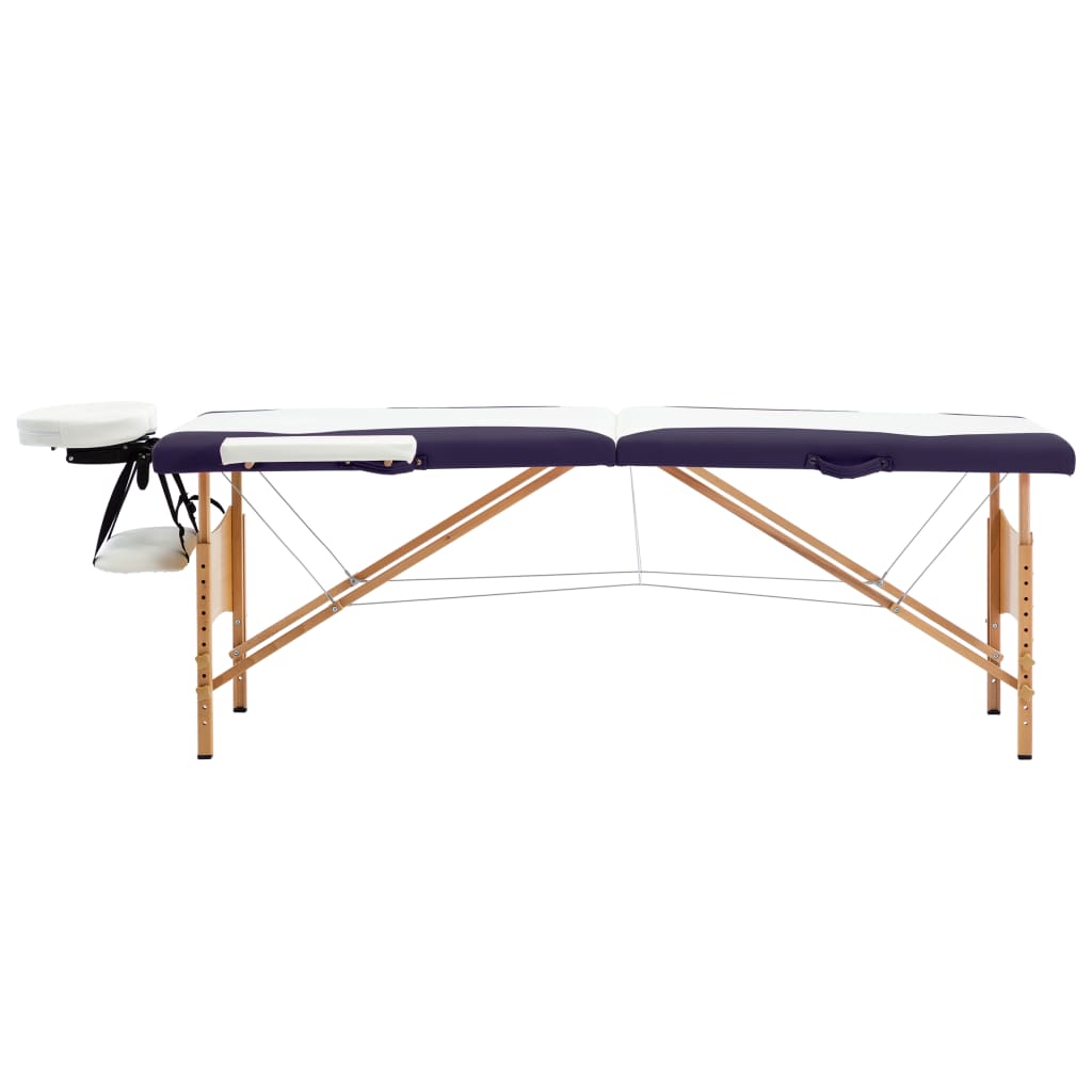 Table de massage pliable 2 zones avec cadre en bois blanc et violet