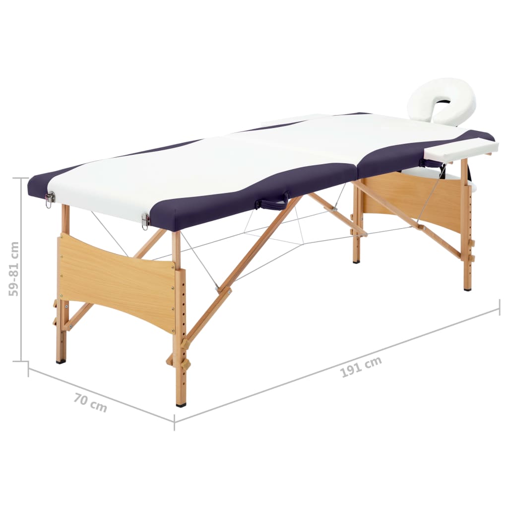 Table de massage pliable 2 zones avec cadre en bois blanc et violet
