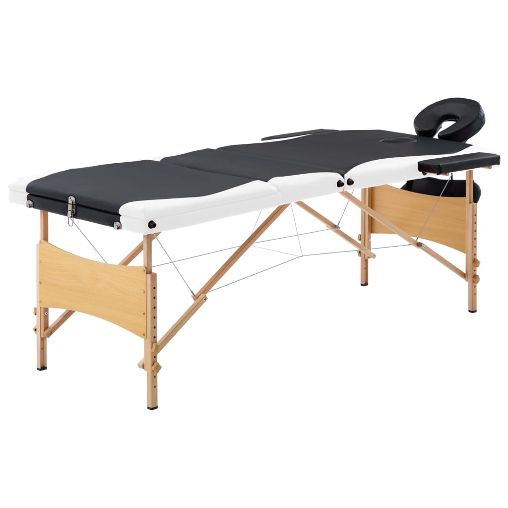 Table de massage pliable 3 zones avec cadre en bois noir et blanc