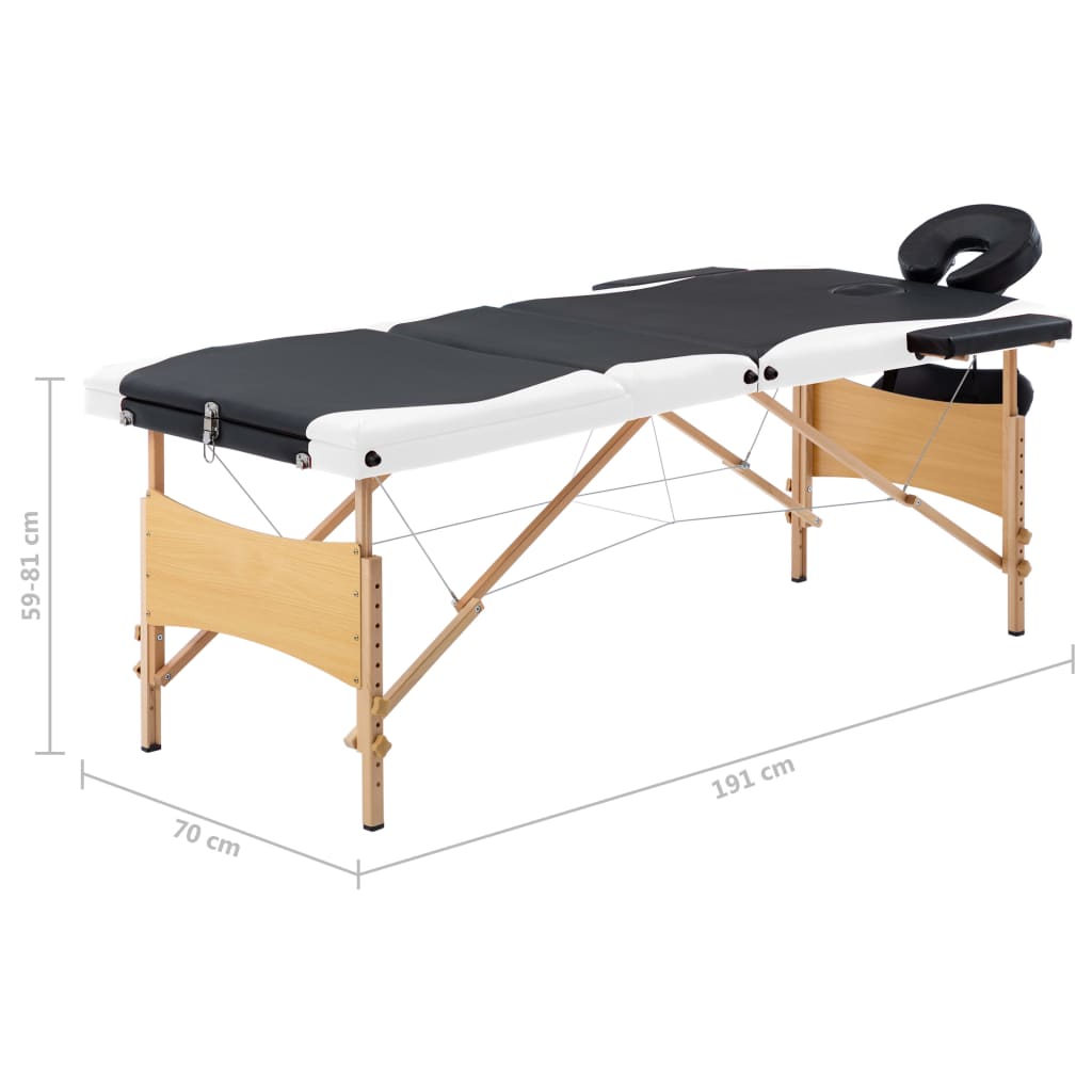 Table de massage pliable 3 zones avec cadre en bois noir et blanc