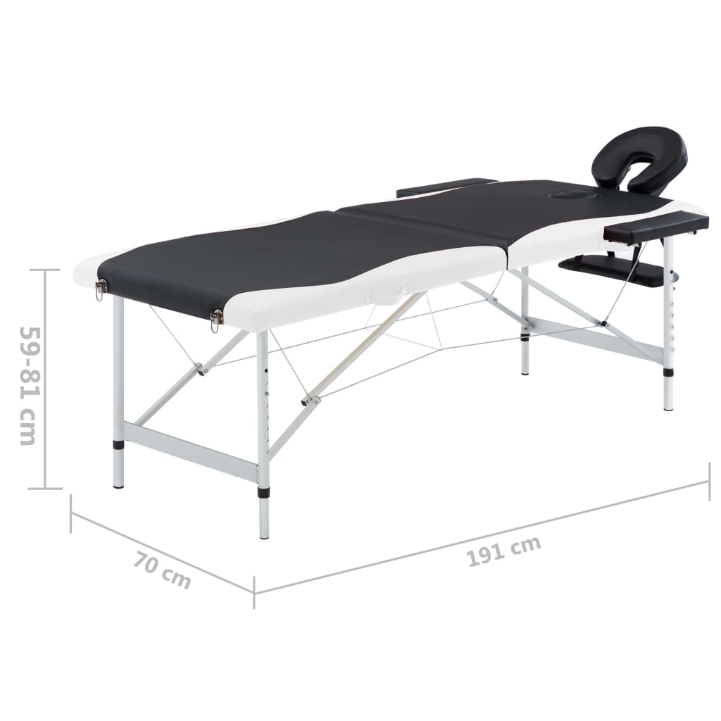 Table de massage pliable 2 zones avec cadre en aluminium noir et blanc
