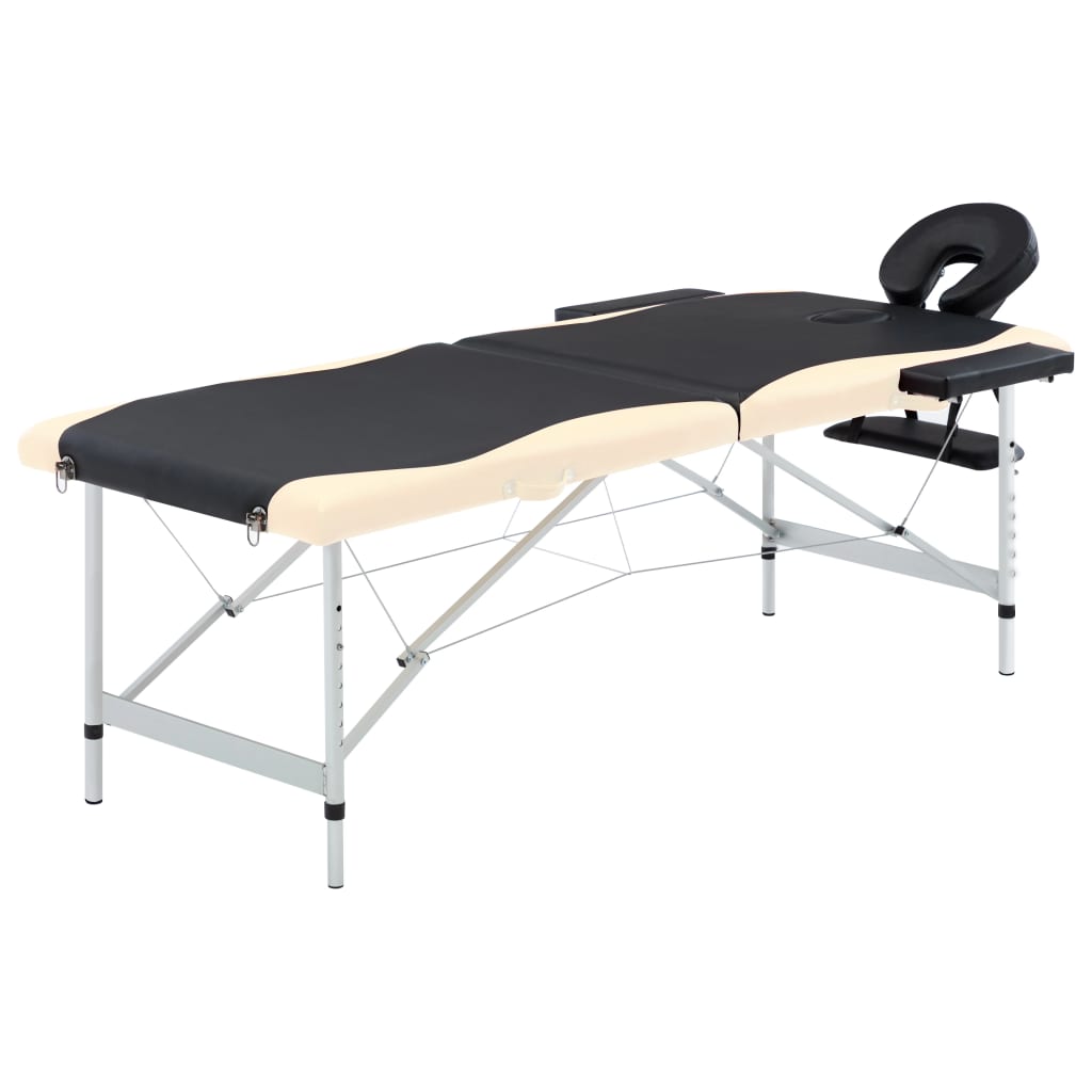 Table de massage pliante 2 zones, châssis aluminium, noir et beige