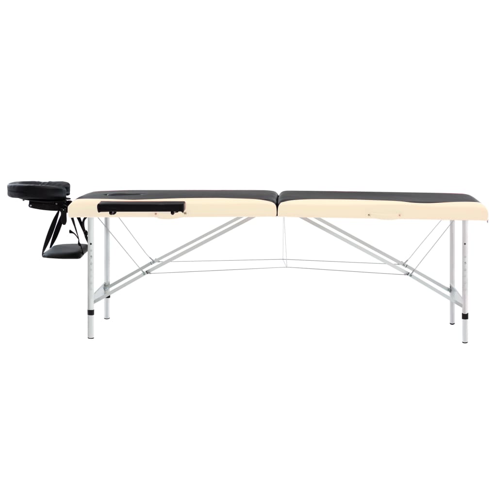 Table de massage pliante 2 zones, châssis aluminium, noir et beige