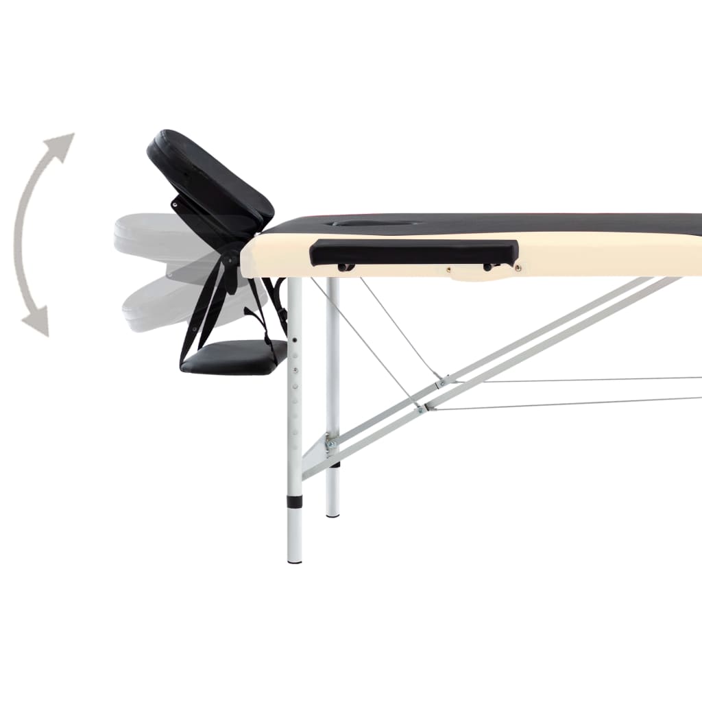 Table de massage pliante 2 zones, châssis aluminium, noir et beige