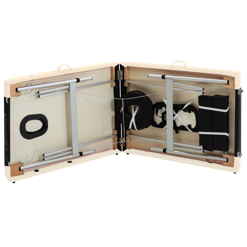 Table de massage pliante 2 zones, châssis aluminium, noir et beige