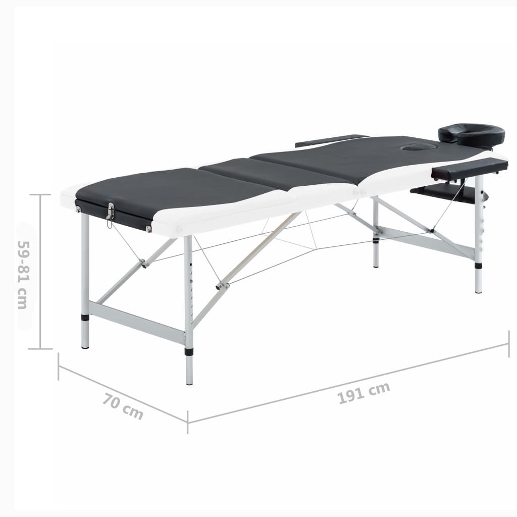 Massageliege Klappbar 3-Zonen Aluminiumgestell Schwarz und Weiß