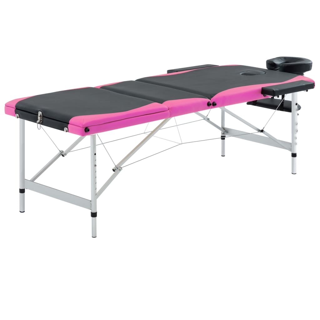 Table de massage pliante 3 zones avec structure en aluminium noir et rose