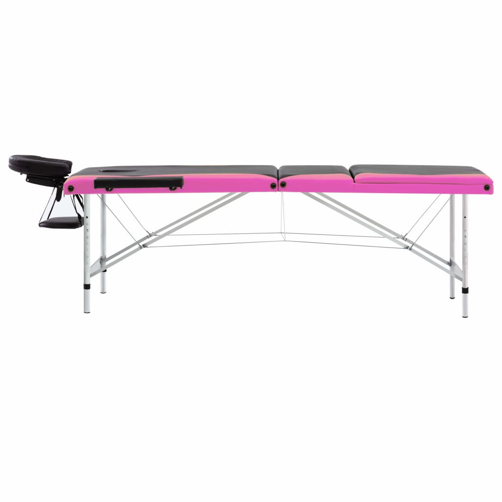 Table de massage pliante 3 zones avec structure en aluminium noir et rose