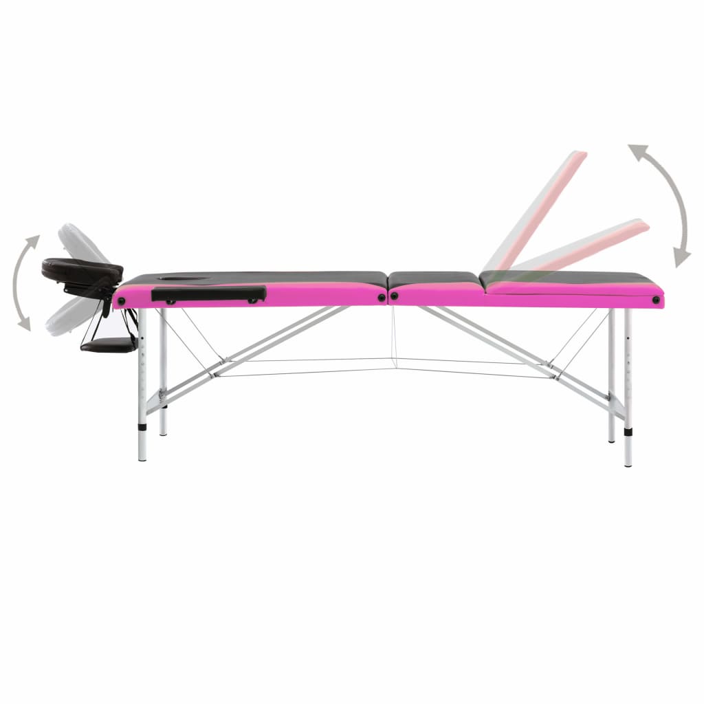 Table de massage pliante 3 zones avec structure en aluminium noir et rose