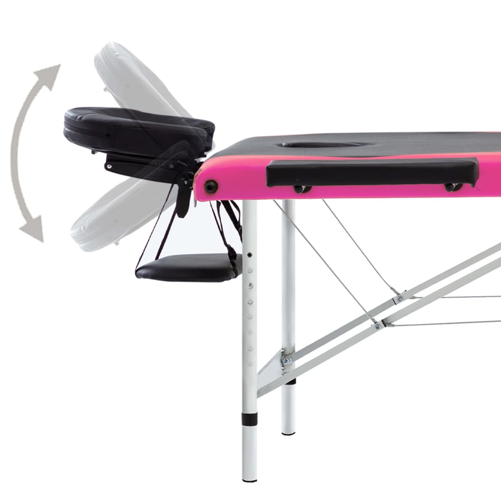 Table de massage pliante 3 zones avec structure en aluminium noir et rose
