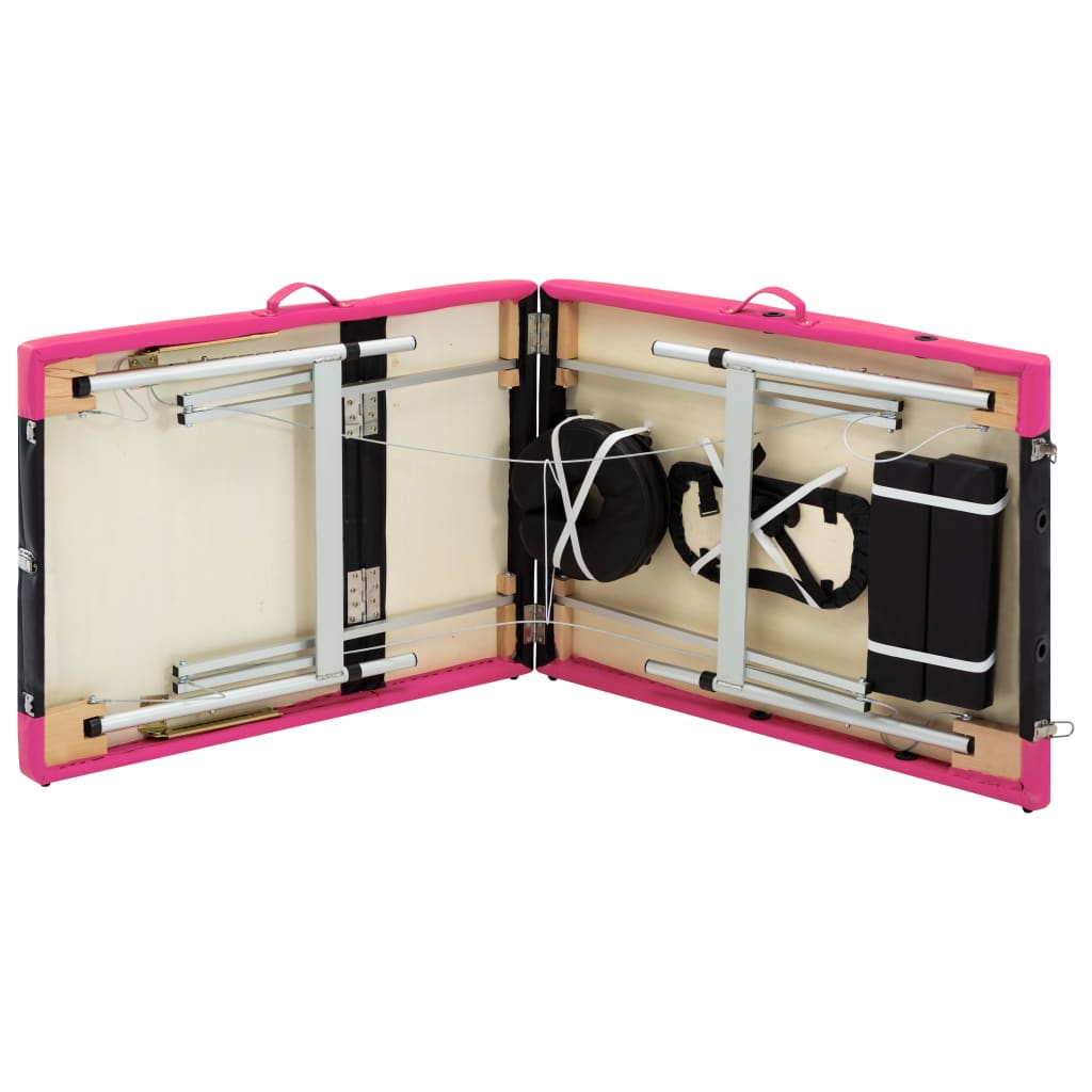 Table de massage pliante 3 zones avec structure en aluminium noir et rose