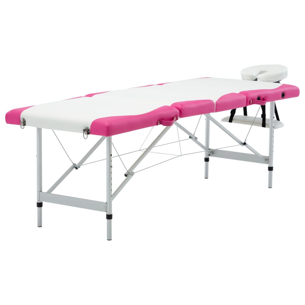 Table de massage pliable 4 zones avec cadre en aluminium blanc et rose