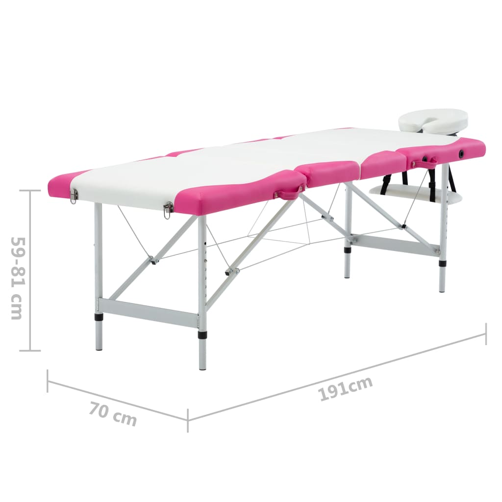 Table de massage pliable 4 zones avec cadre en aluminium blanc et rose