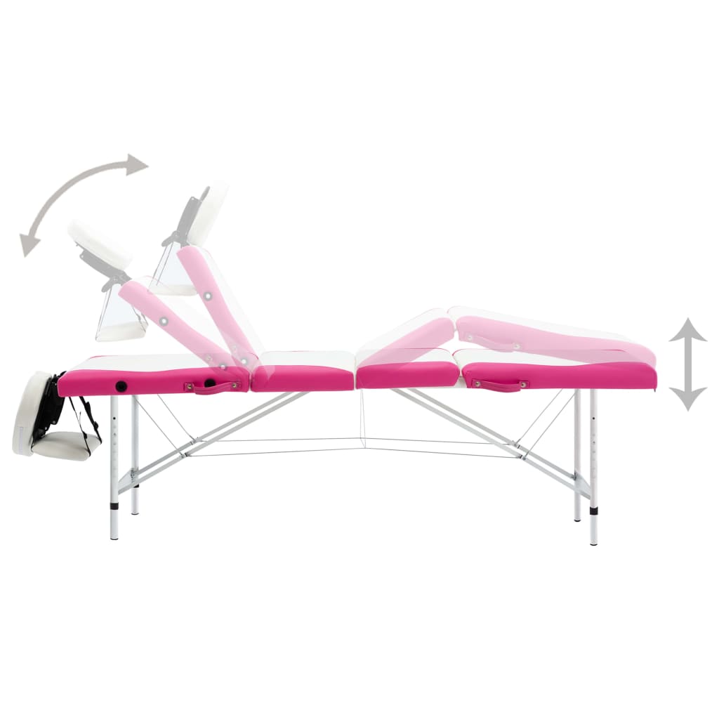 Table de massage pliable 4 zones avec cadre en aluminium blanc et rose