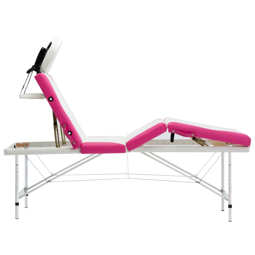 Table de massage pliable 4 zones avec cadre en aluminium blanc et rose