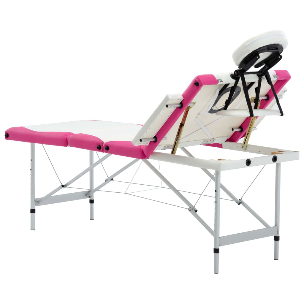 Table de massage pliable 4 zones avec cadre en aluminium blanc et rose