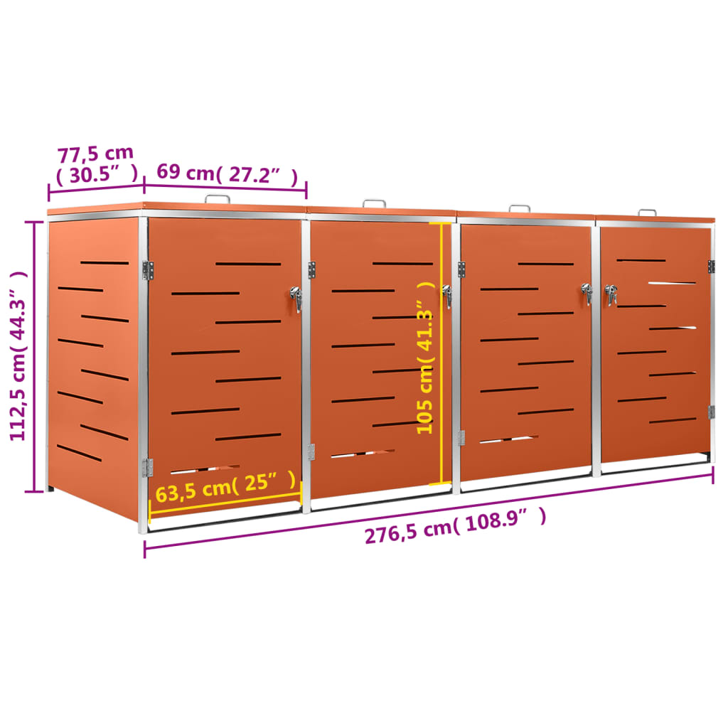 Abri-poubelle pour 4 poubelles 276,5x77,5x112,5 cm Inox