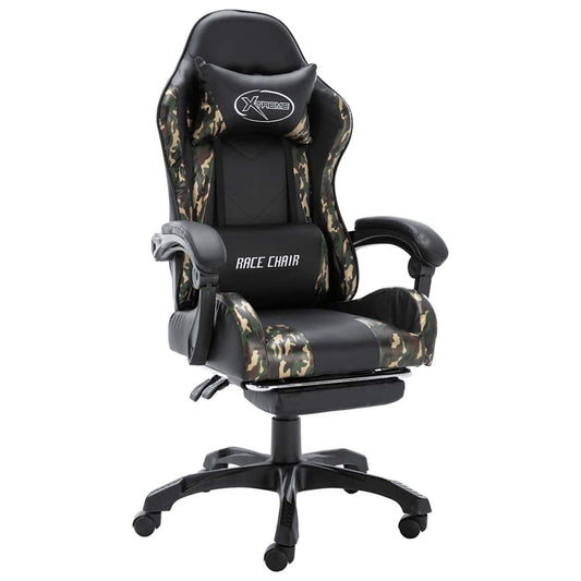 Fauteuil gamer avec repose-pieds similicuir noir et motif camouflage