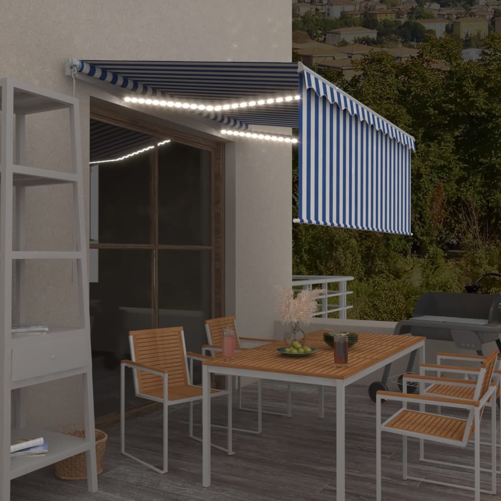 Markise Manuell Einziehbar mit Rollo LED 3,5x2,5m Blau Weiß