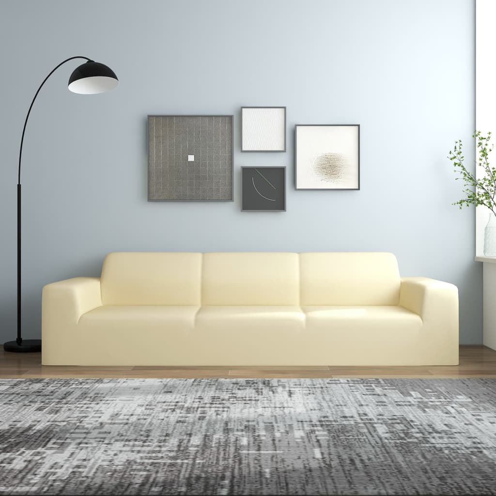 Stretch Sofa Slipcover 4-Seater Cream Polyester-Jersey