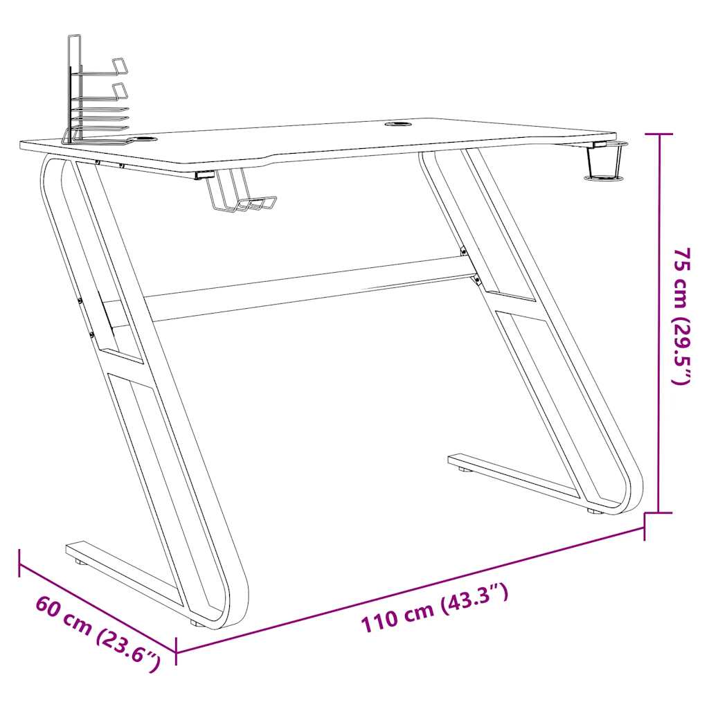 Bureau de gaming avec pieds en Z noir 110x60x75 cm