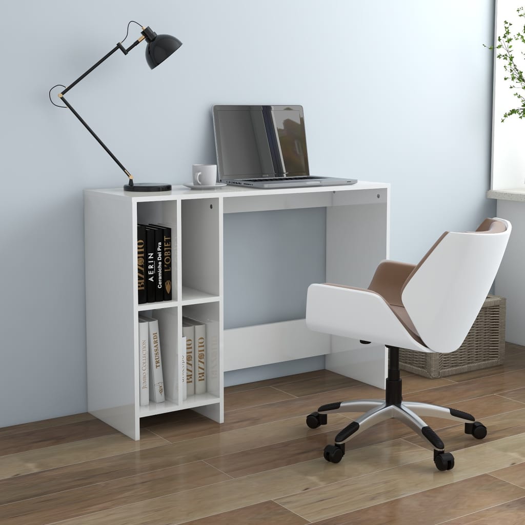 Bureau informatique blanc brillant 102,5x35x75 cm en bois d'ingénierie