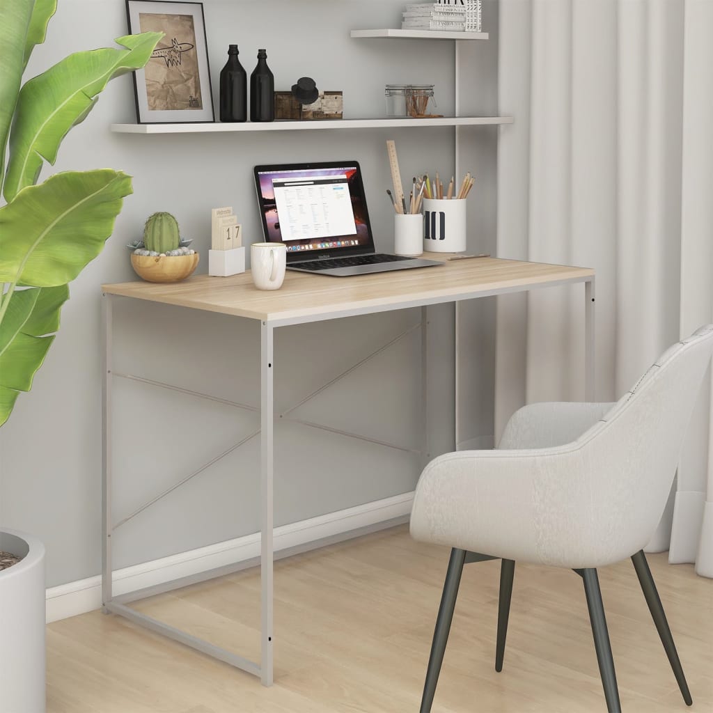 Computer Desk White and Oak-Look 110x60x70 cm Engineered Wood