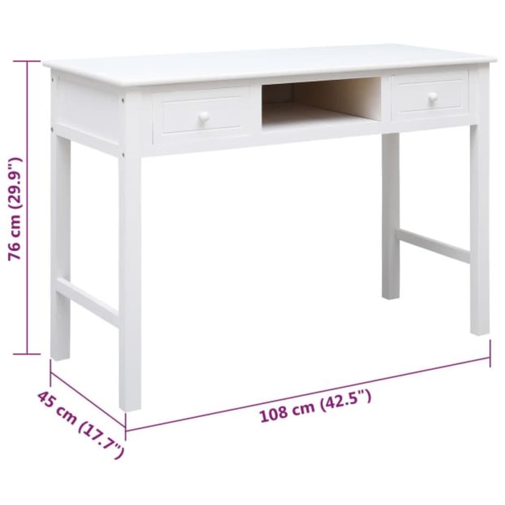 Bureau blanc 108x45x76 cm Bois massif de paulownia