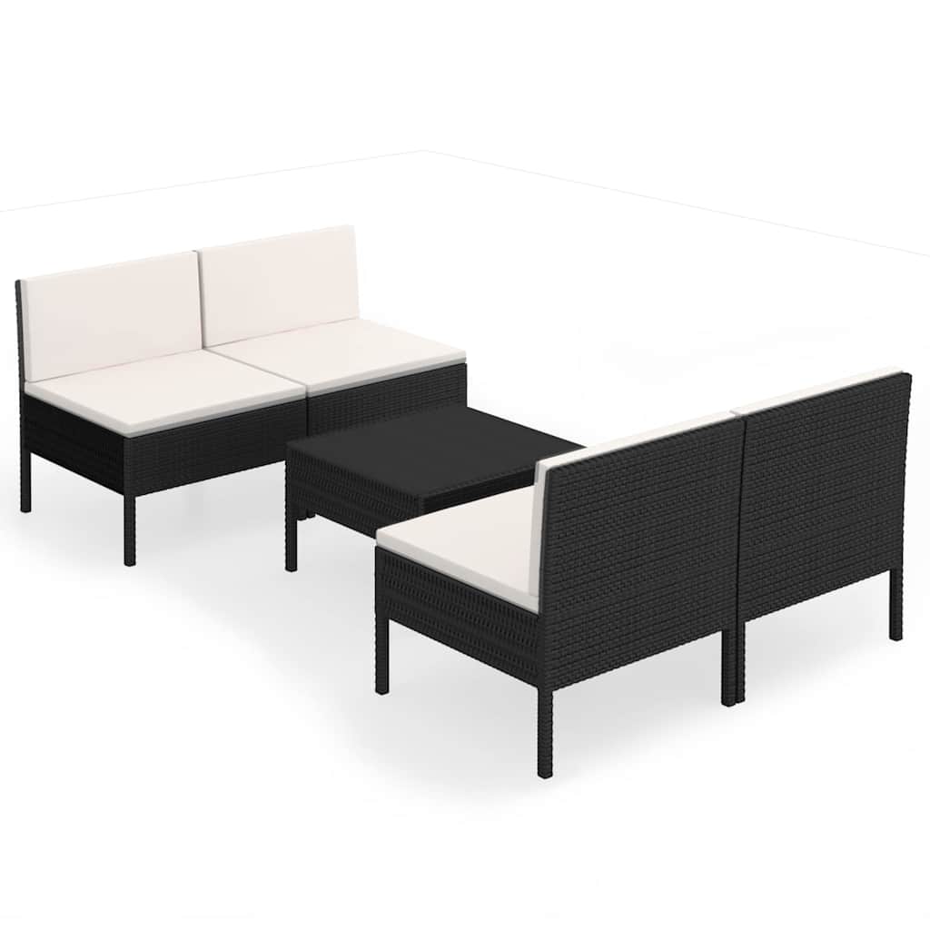5-tlg. Garten-Lounge-Set mit Auflagen Poly Rattan Schwarz