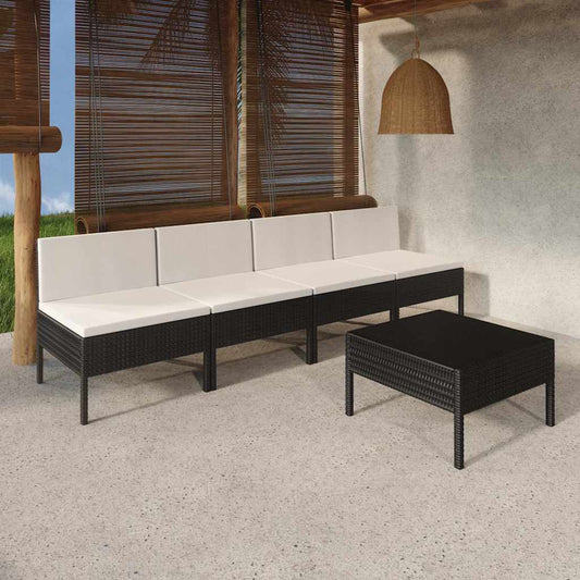 5-tlg. Garten-Lounge-Set mit Auflagen Poly Rattan Schwarz