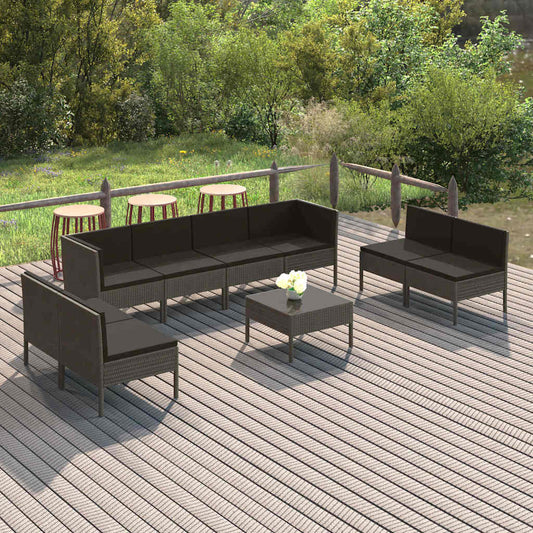 9-tlg. Garten-Lounge-Set mit Auflagen Poly Rattan Grau