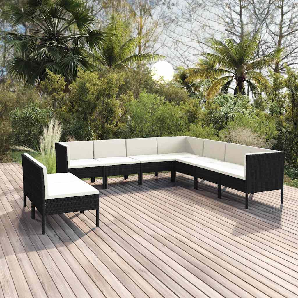 9-tlg. Garten-Lounge-Set mit Auflagen Poly Rattan Schwarz