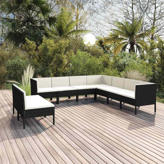 9-tlg. Garten-Lounge-Set mit Auflagen Poly Rattan Schwarz