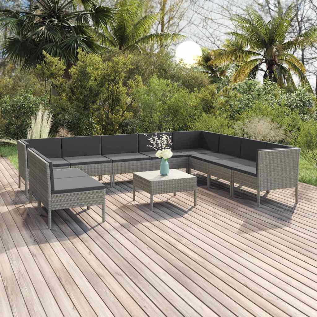 11-tlg. Garten-Lounge-Set mit Auflagen Poly Rattan Grau