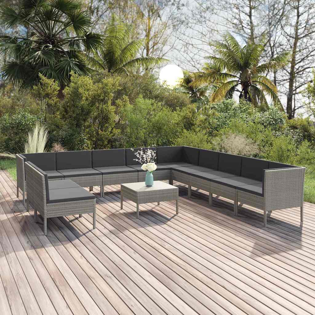 12-tlg. Garten-Lounge-Set mit Auflagen Poly Rattan Grau