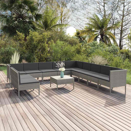 12-tlg. Garten-Lounge-Set mit Auflagen Poly Rattan Grau